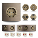 EU Wall Power Outlet Brushed Brown Aluminum – Schuko Socket with USB & RJ45 Port | 16A 250V | Flush Mount Modern Plate