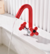 AUREVO Dual-Handle Washbasin Faucet – Luxury Rotatable Brass Mixer (Red/Green, Chrome Finish)