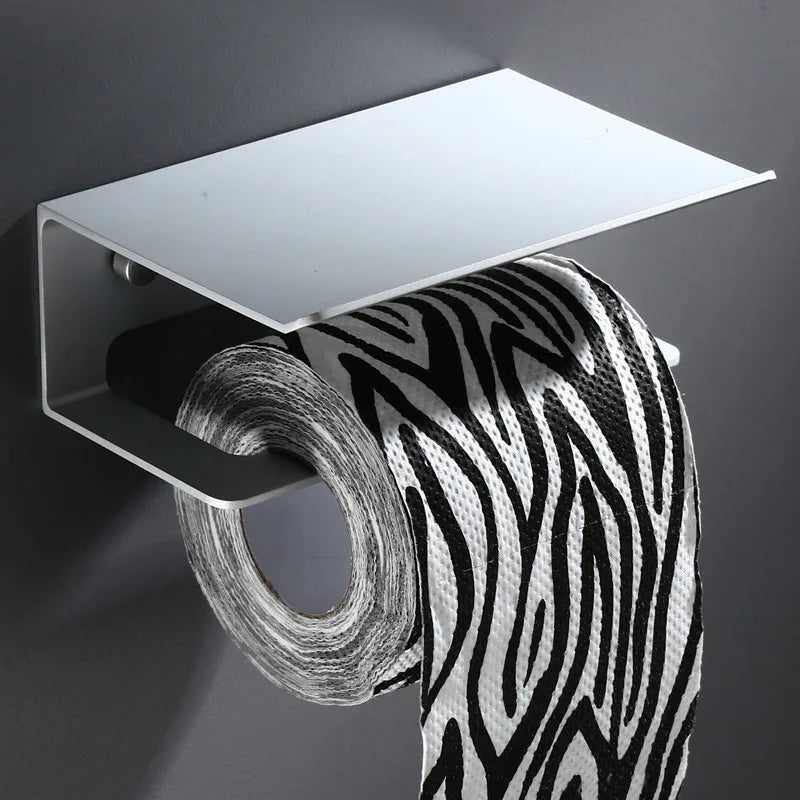 LuxuRoll Aluminium Toilet Paper Holder with Shelf – Multifunctional Bathroom Organizer for Phone & Accessories