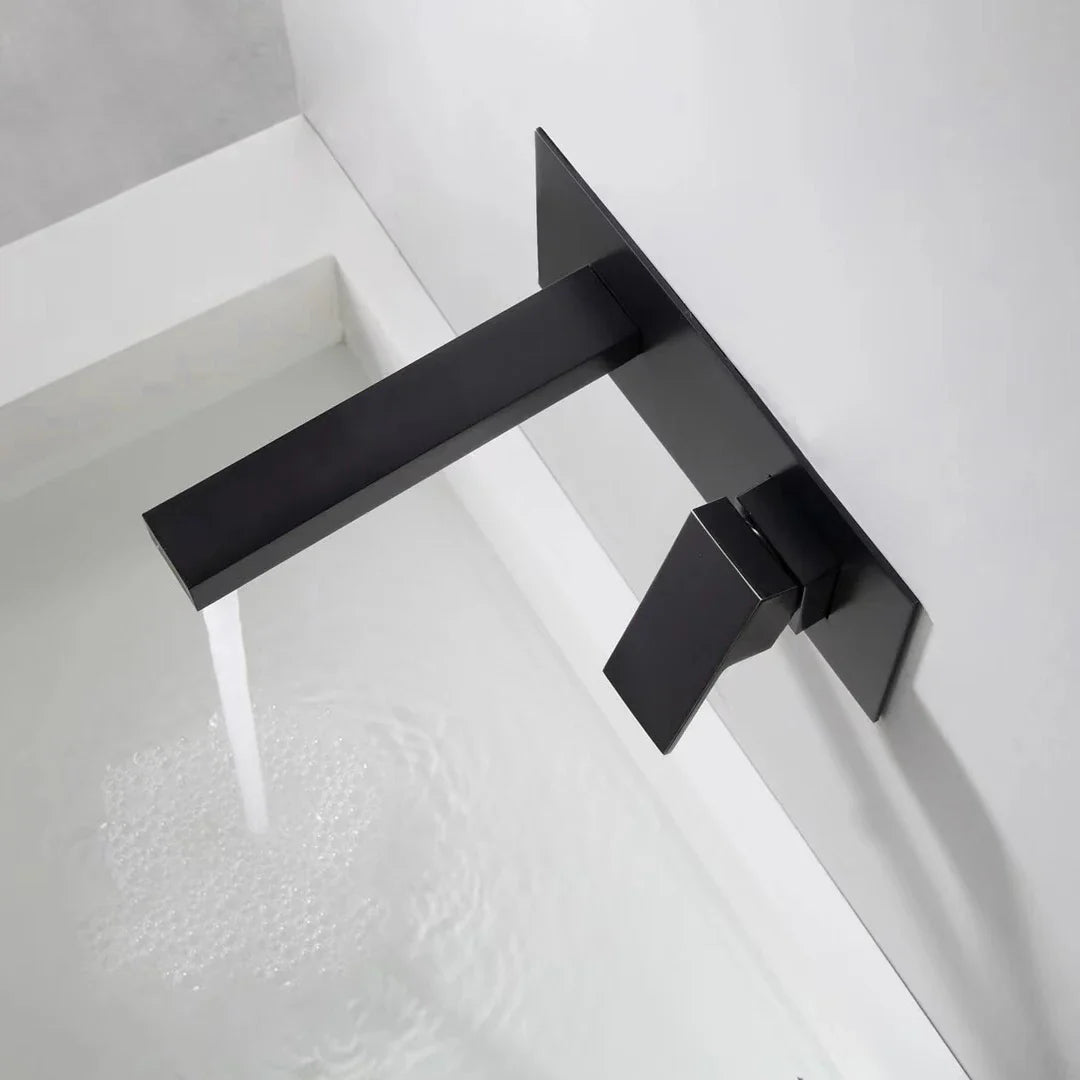 Matte Black Wall Mounted Brass Basin Faucet – Mirror Finish Square Sink faucet | Hot & Cold | Modern Luxury Design