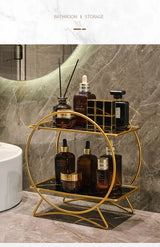 AureliaTower Premium 2-Tier Bathroom & Makeup Organizer – Gold/Black with Marble-Style Ceramic Trays