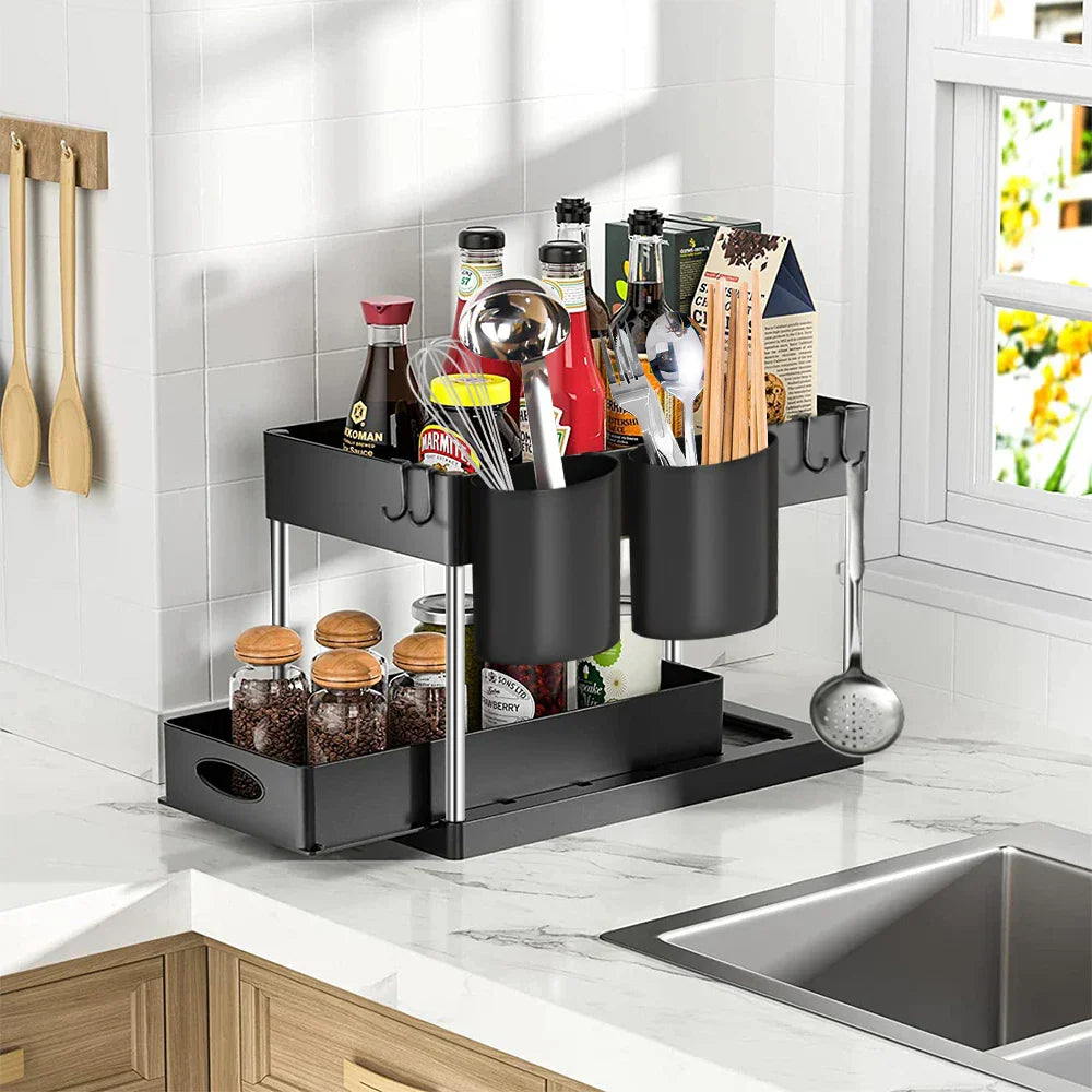 SlideEase 2-Tier Pull-Out Cabinet Organizer – Expandable Under-Sink Storage with Baskets, Hooks & Cup System