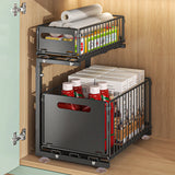 2-Tier Pull Out Kitchen Storage Basket Carbon Steel – Adjustable Under Sink Organizer | Sliding Drawer Rack | Space Saving Design