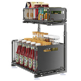 2-Tier Pull Out Kitchen Storage Basket Carbon Steel – Adjustable Under Sink Organizer | Sliding Drawer Rack | Space Saving Design