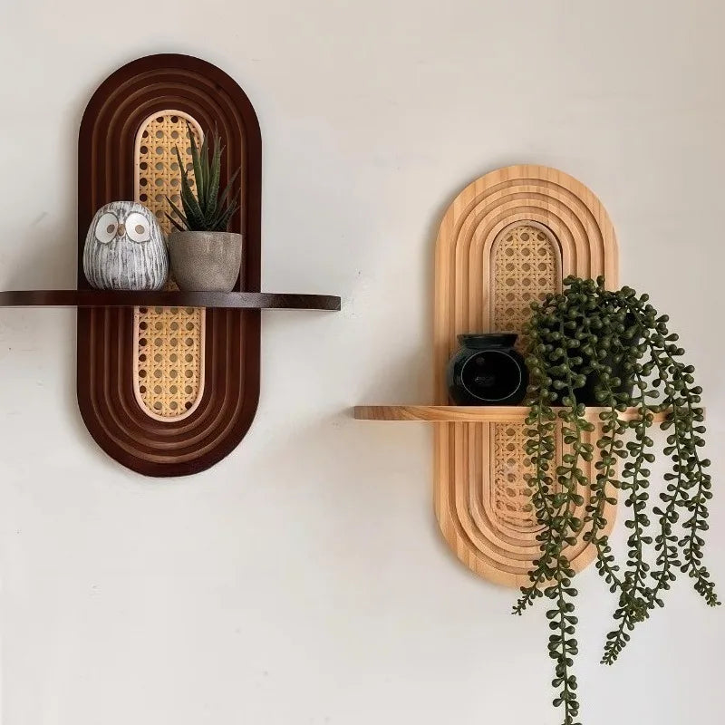 BohemiaCraft Handmade Rattan Wall Shelf – Boho Wooden Decor & Practical Organizer