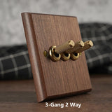 RetroLux Black Walnut Toggle Wall Switch – 1–4 Gang with Brass Lever & Optional USB