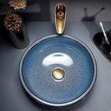 MarbleGlow Round Ceramic Vessel Sink with Waterfall Faucet