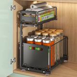 2-Tier Pull Out Kitchen Storage Basket Carbon Steel – Adjustable Under Sink Organizer | Sliding Drawer Rack | Space Saving Design