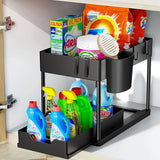 Under Sink Sliding Organizer Rack Premium – Pull Out Cabinet Basket with Hooks | Space Saving Storage | Kitchen & Bathroom Organizer