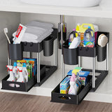 Under Sink Sliding Organizer Rack Premium – Pull Out Cabinet Basket with Hooks | Space Saving Storage | Kitchen & Bathroom Organizer