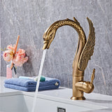 Gold Swan-Shaped Waterfall Bathroom Sink Faucet with Hot and Cold Mixer