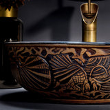 MarbleGlow Round Ceramic Vessel Sink with Waterfall Faucet