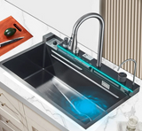 LuxSteel Digital Kitchen Sink – 29.5 × 17.7 in | Gun Grey | Wall-Mount | Waterfall Drain & Soap Dispenser