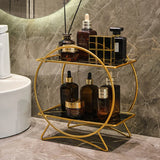 AureliaTower Premium 2-Tier Bathroom & Makeup Organizer – Gold/Black with Marble-Style Ceramic Trays