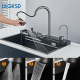 LuxSteel Digital Kitchen Sink – 29.5 × 17.7 in | Gun Grey | Wall-Mount | Waterfall Drain & Soap Dispenser