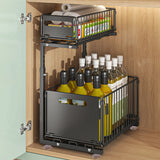 2-Tier Pull Out Kitchen Storage Basket Carbon Steel – Adjustable Under Sink Organizer | Sliding Drawer Rack | Space Saving Design