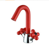 AUREVO Dual-Handle Washbasin Faucet – Luxury Rotatable Brass Mixer (Red/Green, Chrome Finish)