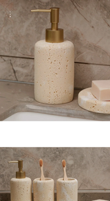 Travella Travertine Bathroom Set – Luxury Stone Soap Dispenser & Bathroom Organizer