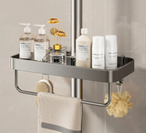 Drill-Free Aluminum Shower Caddy Shelf with Towel Bar – Double Layer Bathroom Organizer | Rustproof | Strong Adhesive Mount