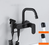 AquaJet Wall-Mount Faucet – Black Brass, Warm & Cold Water, Side Sprayer for Kitchen, Sink, or Bathtub
