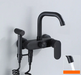 AquaJet Wall-Mount Faucet – Black Brass, Warm & Cold Water, Side Sprayer for Kitchen, Sink, or Bathtub