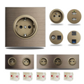 EU Wall Power Outlet Brushed Brown Aluminum – Schuko Socket with USB & RJ45 Port | 16A 250V | Flush Mount Modern Plate