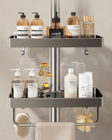 Drill-Free Aluminum Shower Caddy Shelf with Towel Bar – Double Layer Bathroom Organizer | Rustproof | Strong Adhesive Mount