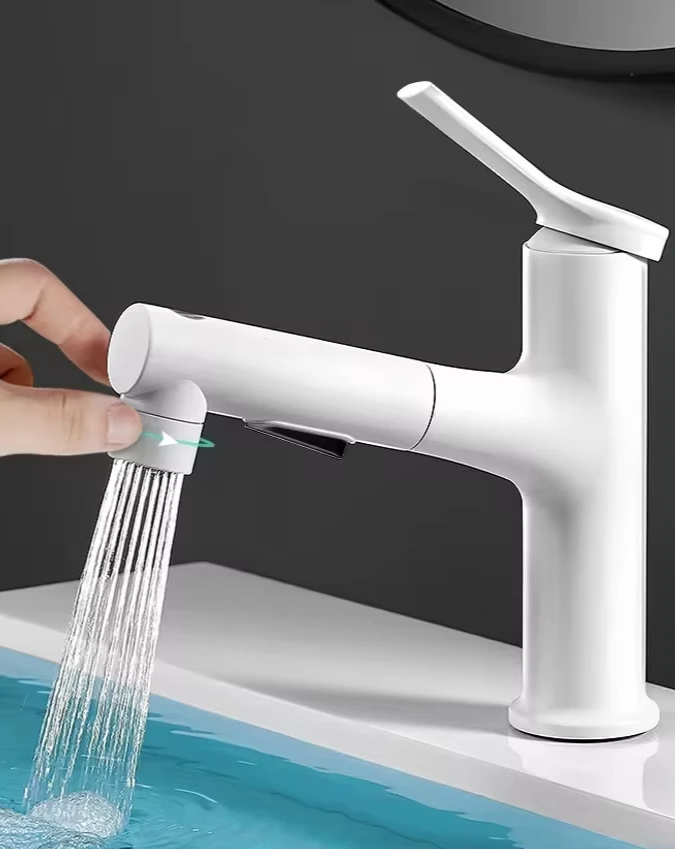 Pull-Out Bathroom Sink Faucet with Oral Rinse Function and Hot Cold faucet