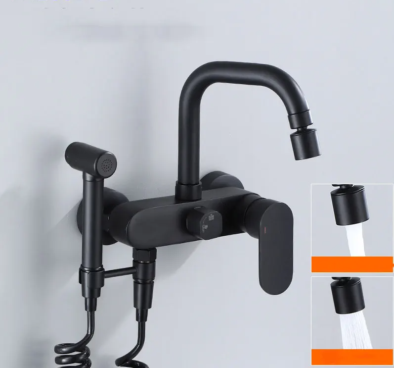 AquaJet Wall-Mount Faucet – Black Brass, Warm & Cold Water, Side Sprayer for Kitchen, Sink, or Bathtub