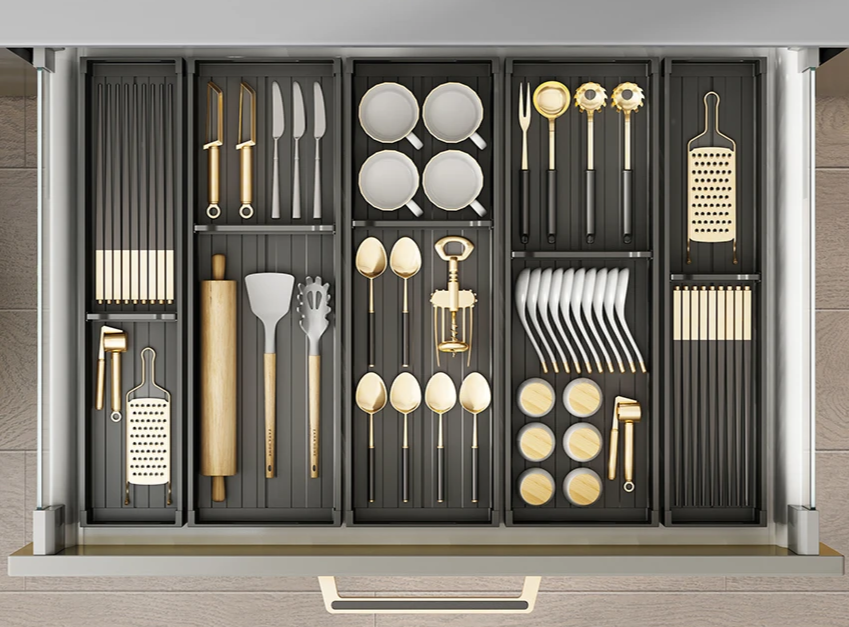 SlideDry Adjustable Pull-Out Dish & Utensil Organizer – Kitchen Drawer & Cabinet Storage Solution