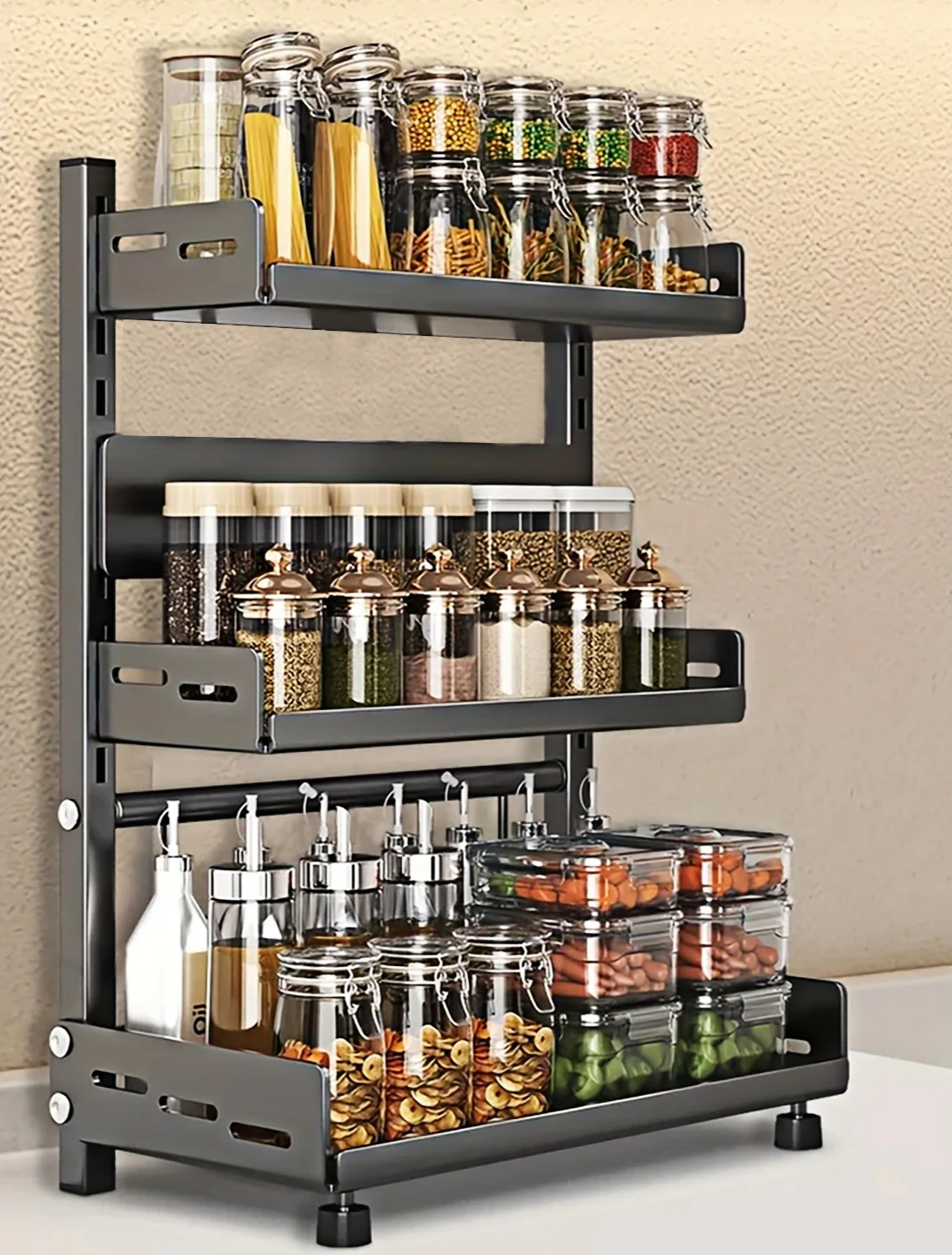 3-Tier Black Stainless Steel Spice Rack Organizer – Large Capacity Kitchen Counter Shelf | Space Saving Storage Solution