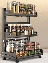 3-Tier Black Stainless Steel Spice Rack Organizer – Large Capacity Kitchen Counter Shelf | Space Saving Storage Solution