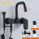 AquaJet Wall-Mount Faucet – Black Brass, Warm & Cold Water, Side Sprayer for Kitchen, Sink, or Bathtub