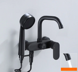 AquaJet Wall-Mount Faucet – Black Brass, Warm & Cold Water, Side Sprayer for Kitchen, Sink, or Bathtub