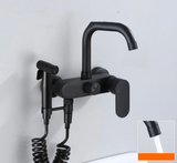 AquaJet Wall-Mount Faucet – Black Brass, Warm & Cold Water, Side Sprayer for Kitchen, Sink, or Bathtub
