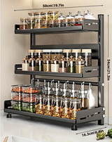 3-Tier Black Stainless Steel Spice Rack Organizer – Large Capacity Kitchen Counter Shelf | Space Saving Storage Solution