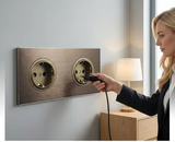 EU Wall Power Outlet Brushed Brown Aluminum – Schuko Socket with USB & RJ45 Port | 16A 250V | Flush Mount Modern Plate