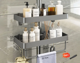 Drill-Free Aluminum Shower Caddy Shelf with Towel Bar – Double Layer Bathroom Organizer | Rustproof | Strong Adhesive Mount