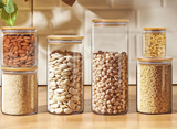 Modern Glass Food Storage Jar Set with Wooden Lids – Airtight Kitchen Containers | Freshness Seal | Multi-Grain Storage