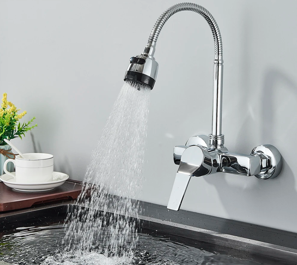 Wall-Mounted Kitchen Faucet with Flexible Spout, 360° Rotation and Dual Spray Function