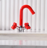 AUREVO Dual-Handle Washbasin Faucet – Luxury Rotatable Brass Mixer (Red/Green, Chrome Finish)