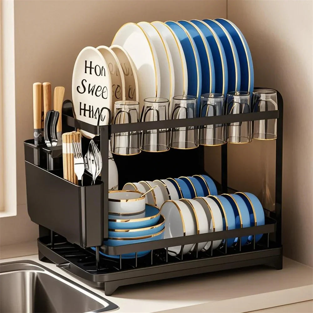 StackDry Pro 2-Tier Dish Drying Rack – Space-Saving Kitchen Drainer with Auto-Drain Spout, Heavy-Duty Steel Frame & Countertop Organizer