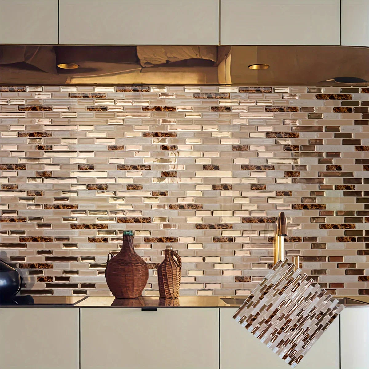 Golden Mosaic Luxe – Peel & Stick Wall Tiles | Elegant Gold 3D Mosaic, Waterproof