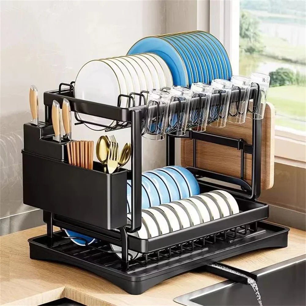 StackDry Pro 2-Tier Dish Drying Rack – Space-Saving Kitchen Drainer with Auto-Drain Spout, Heavy-Duty Steel Frame & Countertop Organizer