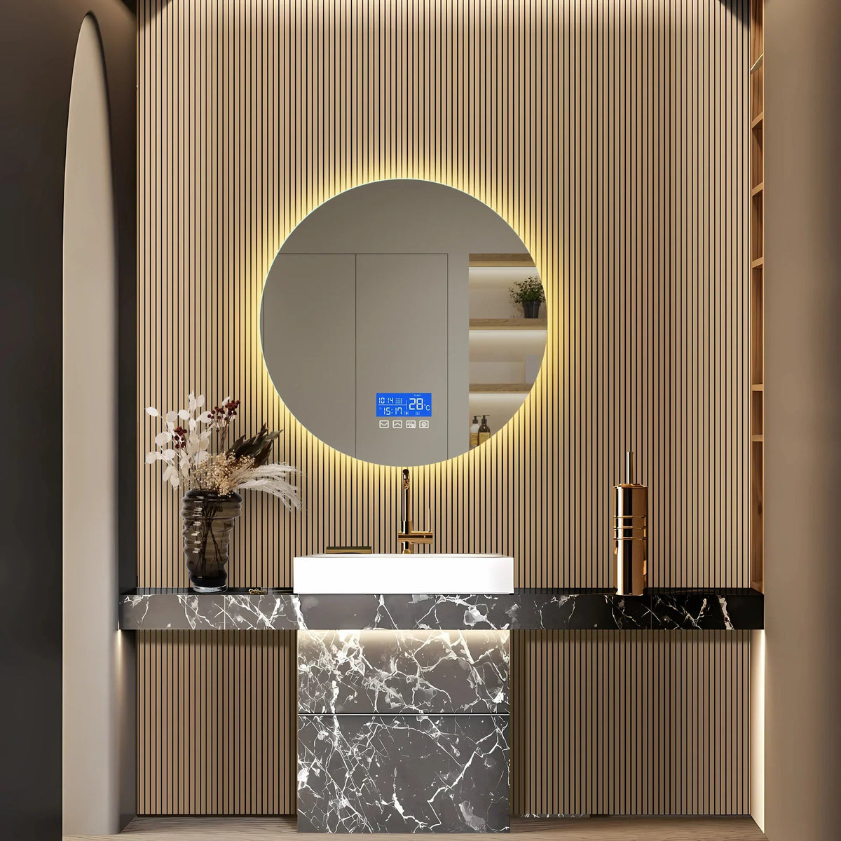 LumiTemp 24” Round Smart LED Bathroom Mirror – Anti-Fog Lighted Vanity Mirror with Temperature Display & 3-Level Dimmable Brightness
