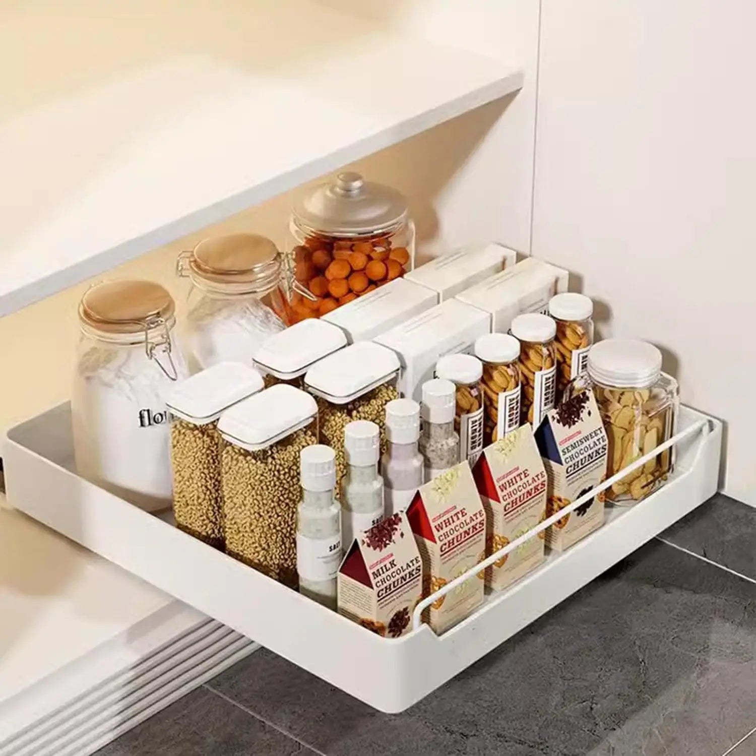 Pull Out Kitchen Cabinet Organizer Premium – Sliding Storage Drawer Rack | Spice Storage Tray | No Drill Carbon Steel Organizer