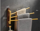 LuxFold Wall-Mounted Towel Holder – Wood & Brushed Gold (<50 cm, Foldable & Portable)