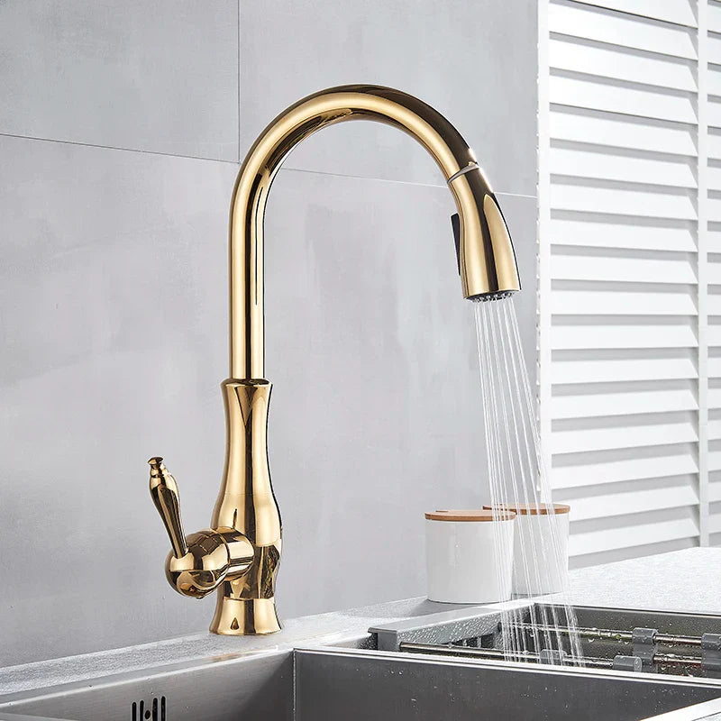 AurumFlex Luxe Pull-Down Gold Kitchen Faucet – Solid Brass Single-Handle Sink faucet with 360° Swivel & Retractable Spray