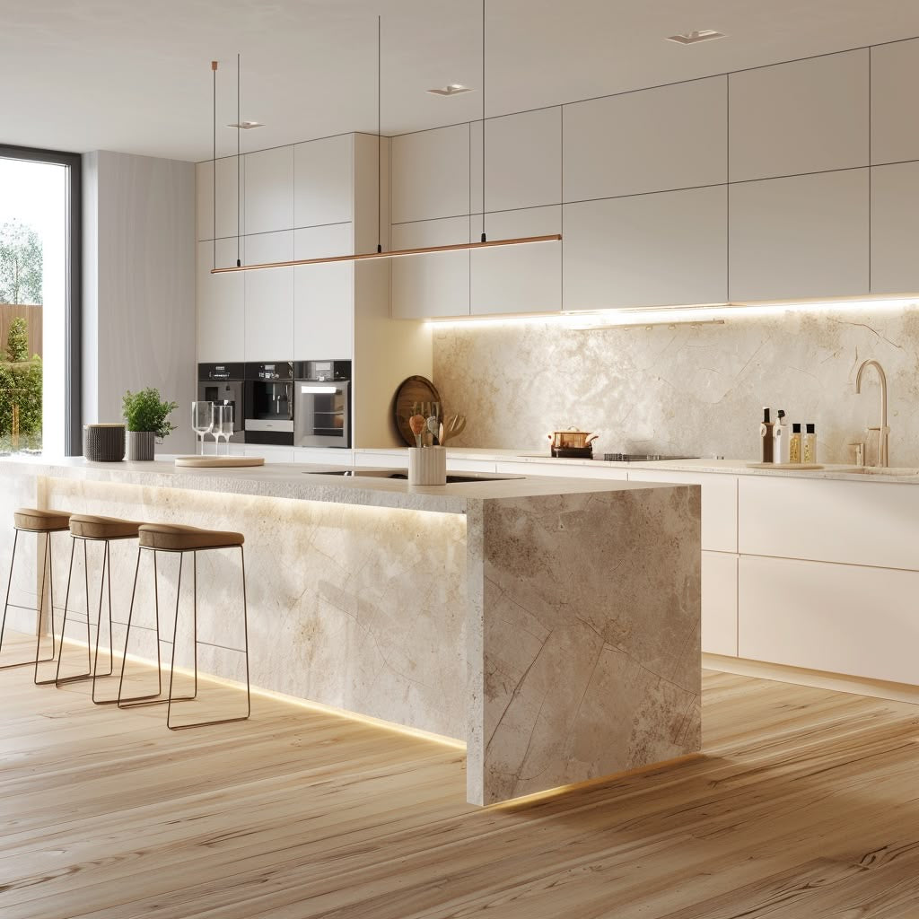 Warm beige kitchen with a marble island, brass faucet and soft natural light.