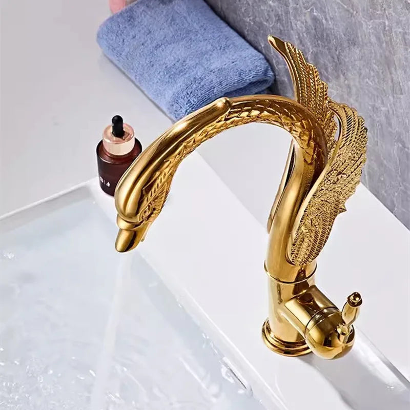 Gold Swan-Shaped Waterfall Bathroom Sink Faucet with Hot and Cold faucet